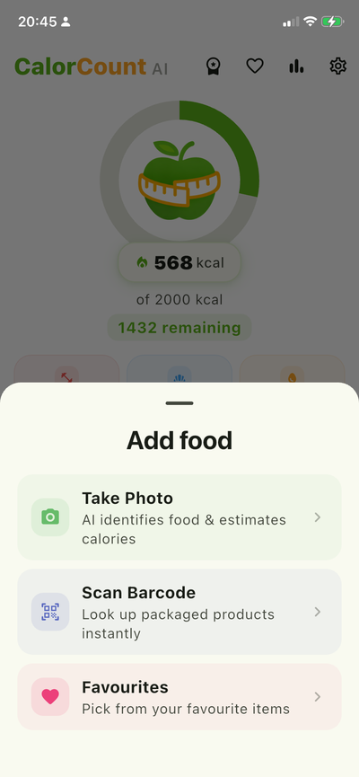 Add food screen with options: Take Photo for AI analysis, Scan Barcode, and Favourites