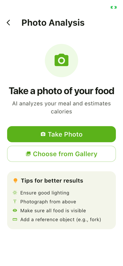 Photo analysis screen with camera button and tips for better AI results