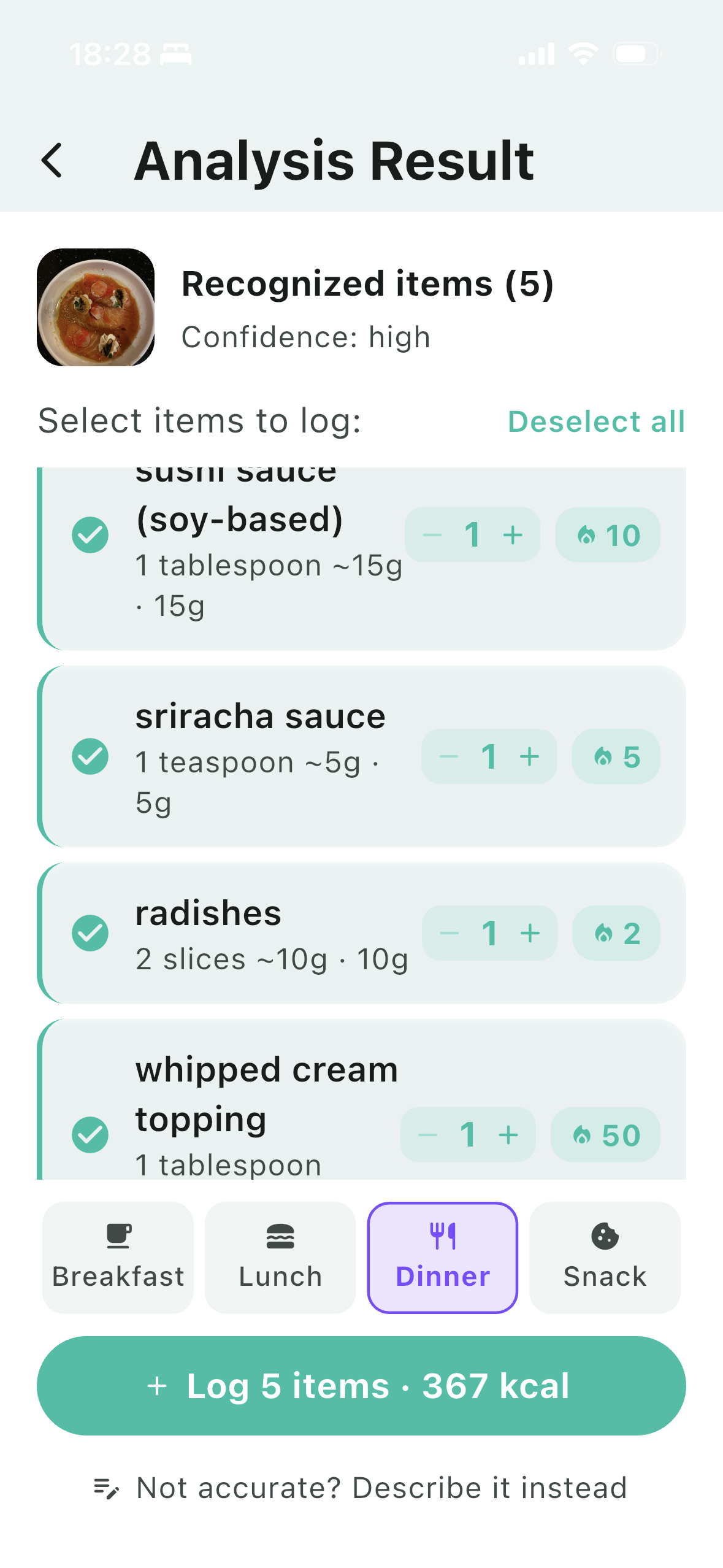 AI analysis result showing 5 recognized items from a sushi photo with individual calorie counts and quantity selectors