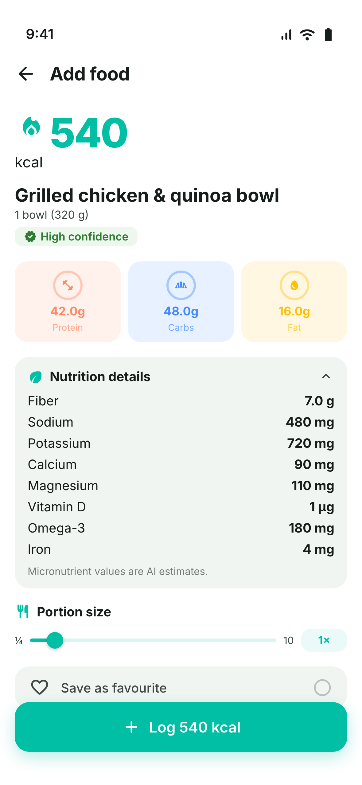 AI analysis result for a grilled chicken and quinoa bowl showing calories, macros and a detailed micronutrient breakdown